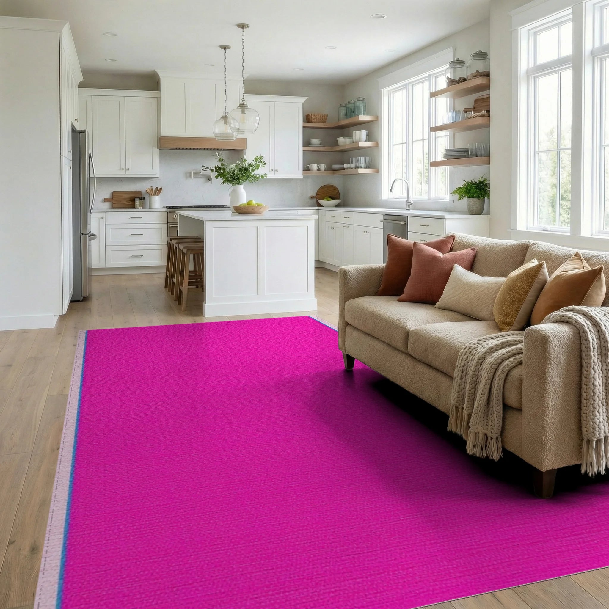 Vivid Fuchsia Textured Border Rug - Living Room View