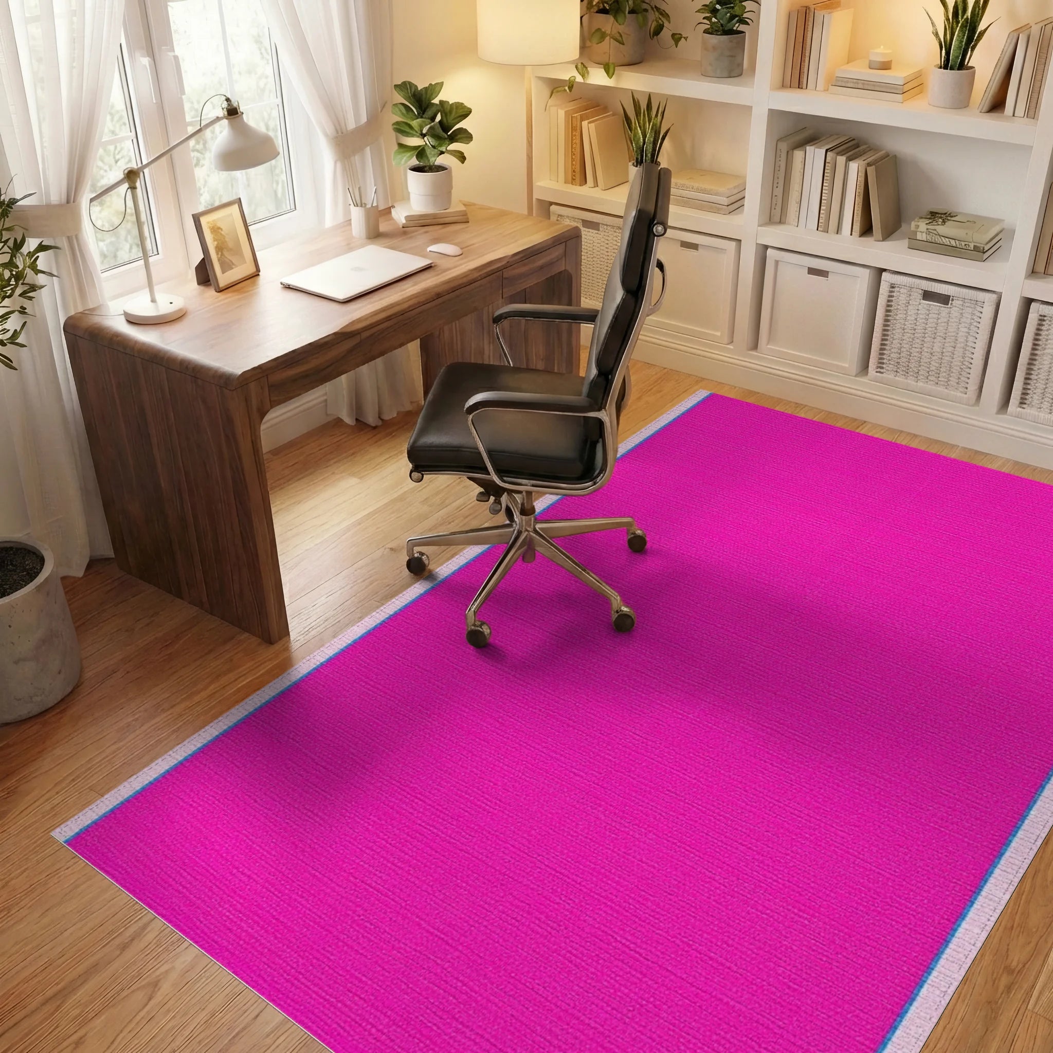 Vivid Fuchsia Textured Border Rug - Office View
