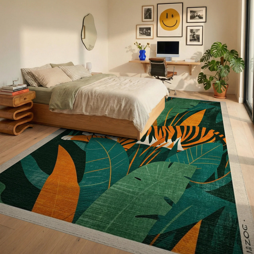 Vivid Orange Tiger Lush Jungle Foliage Rug - Bedroom View
