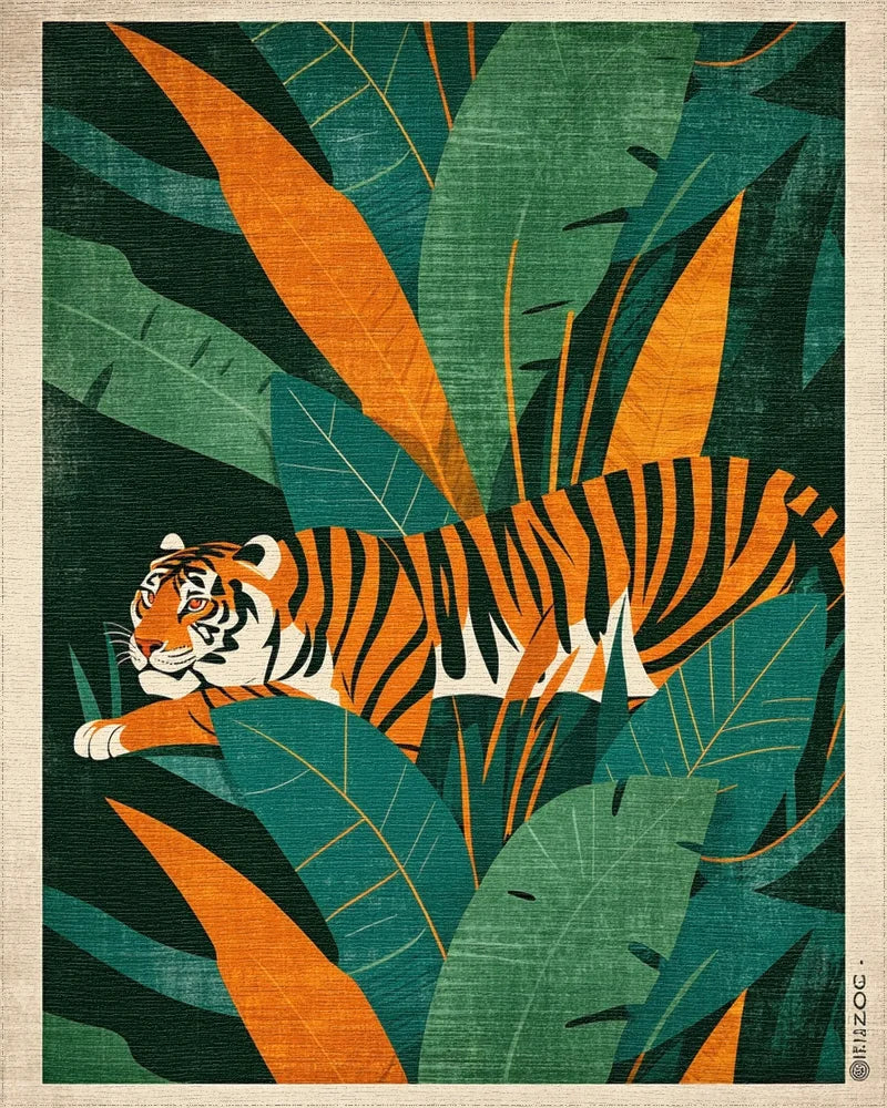 Vivid Orange Tiger Lush Jungle Foliage Rug - Cutout View
