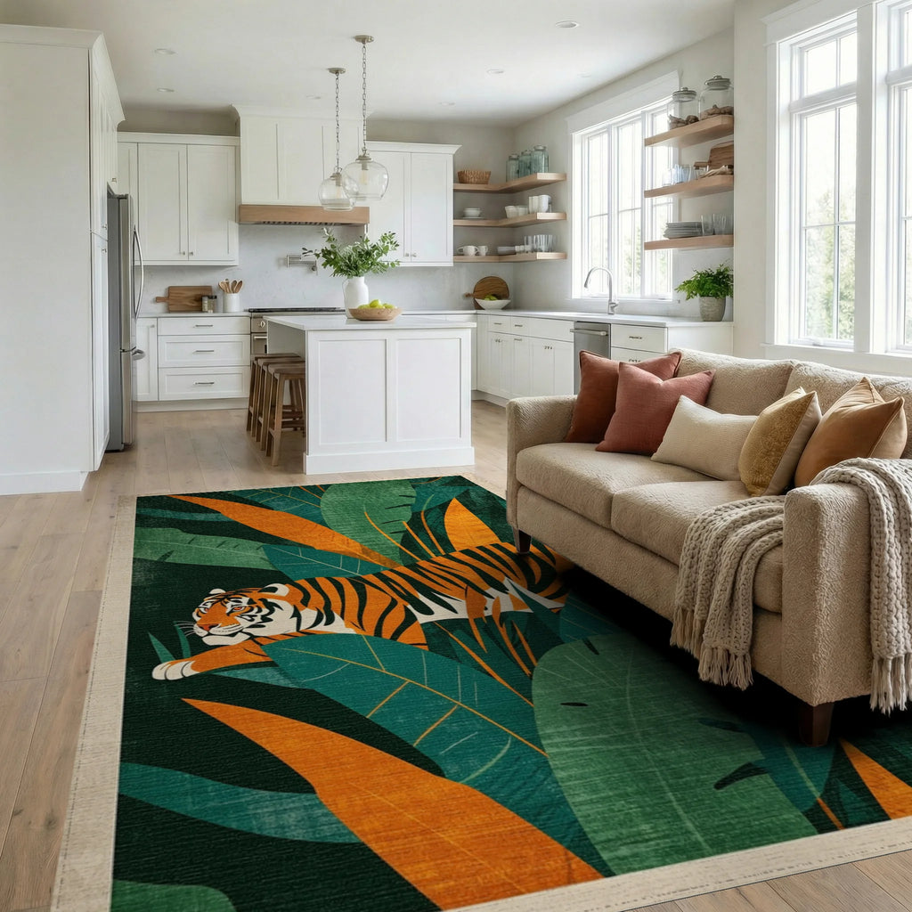 Vivid Orange Tiger Lush Jungle Foliage Rug - Living Room View