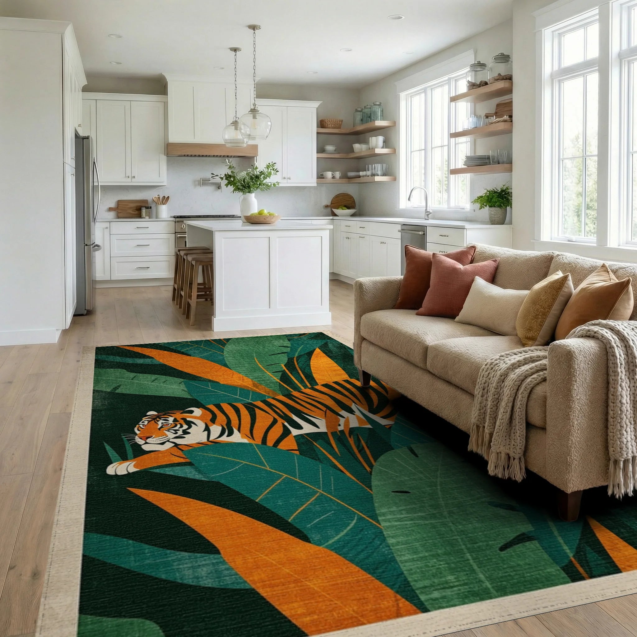 Vivid Orange Tiger Lush Jungle Foliage Rug - Living Room View
