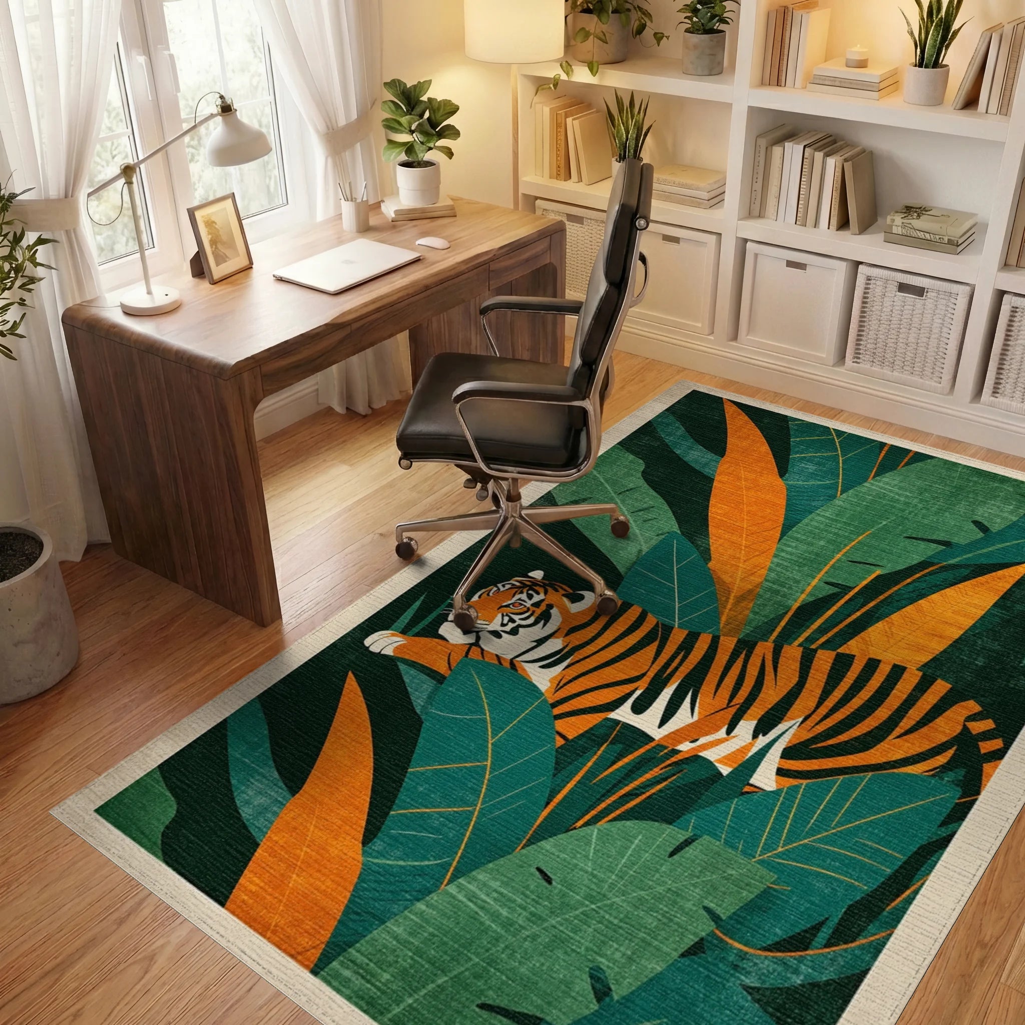Vivid Orange Tiger Lush Jungle Foliage Rug - Office View