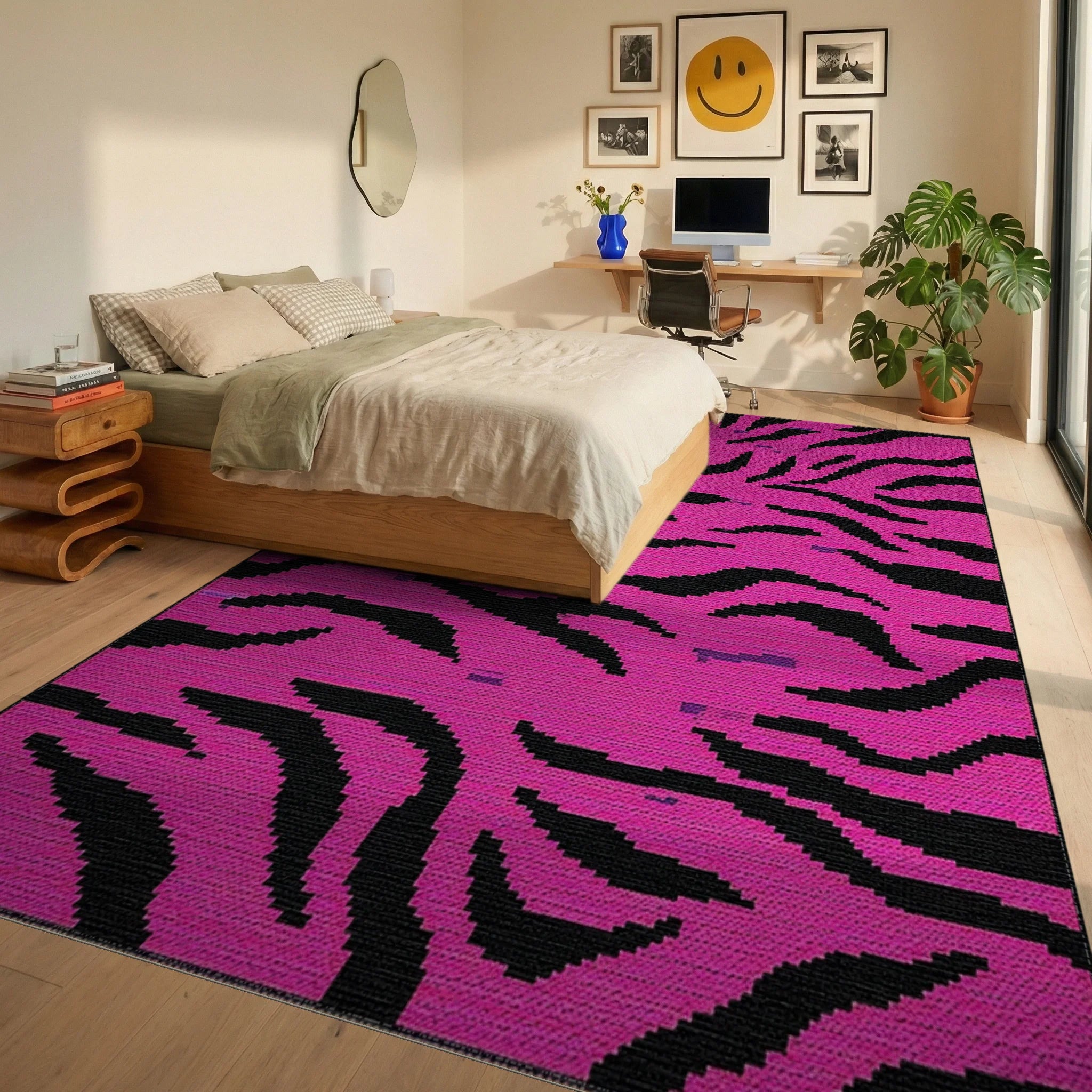 Vivid Pink Black Zebra Stripe Rug - Bedroom View