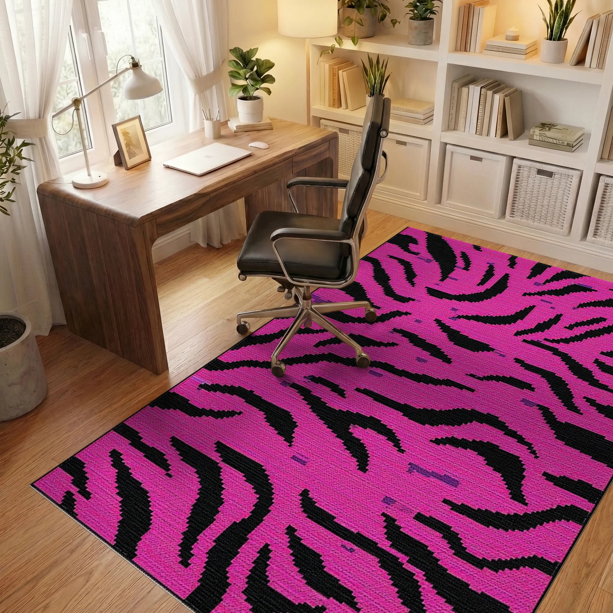 Vivid Pink Black Zebra Stripe Rug - Office View