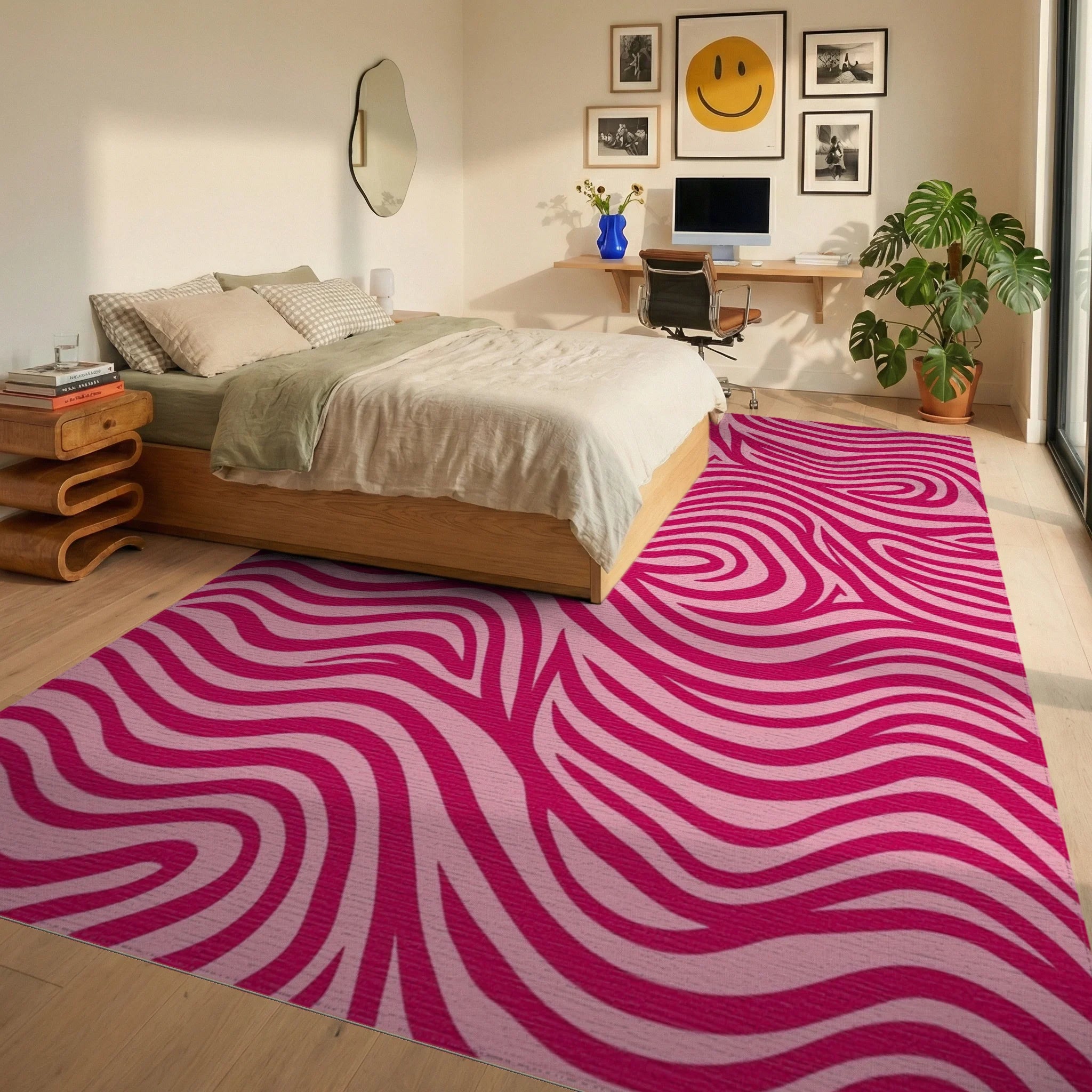 Vivid Pink Swirl Pattern Rug Bedroom View