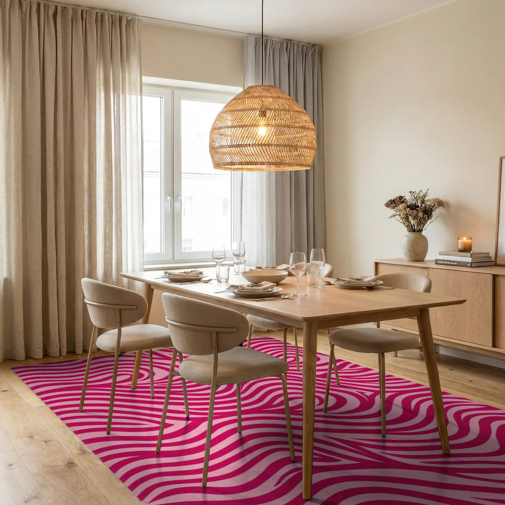 Vivid Pink Swirl Pattern Rug Dining Room View