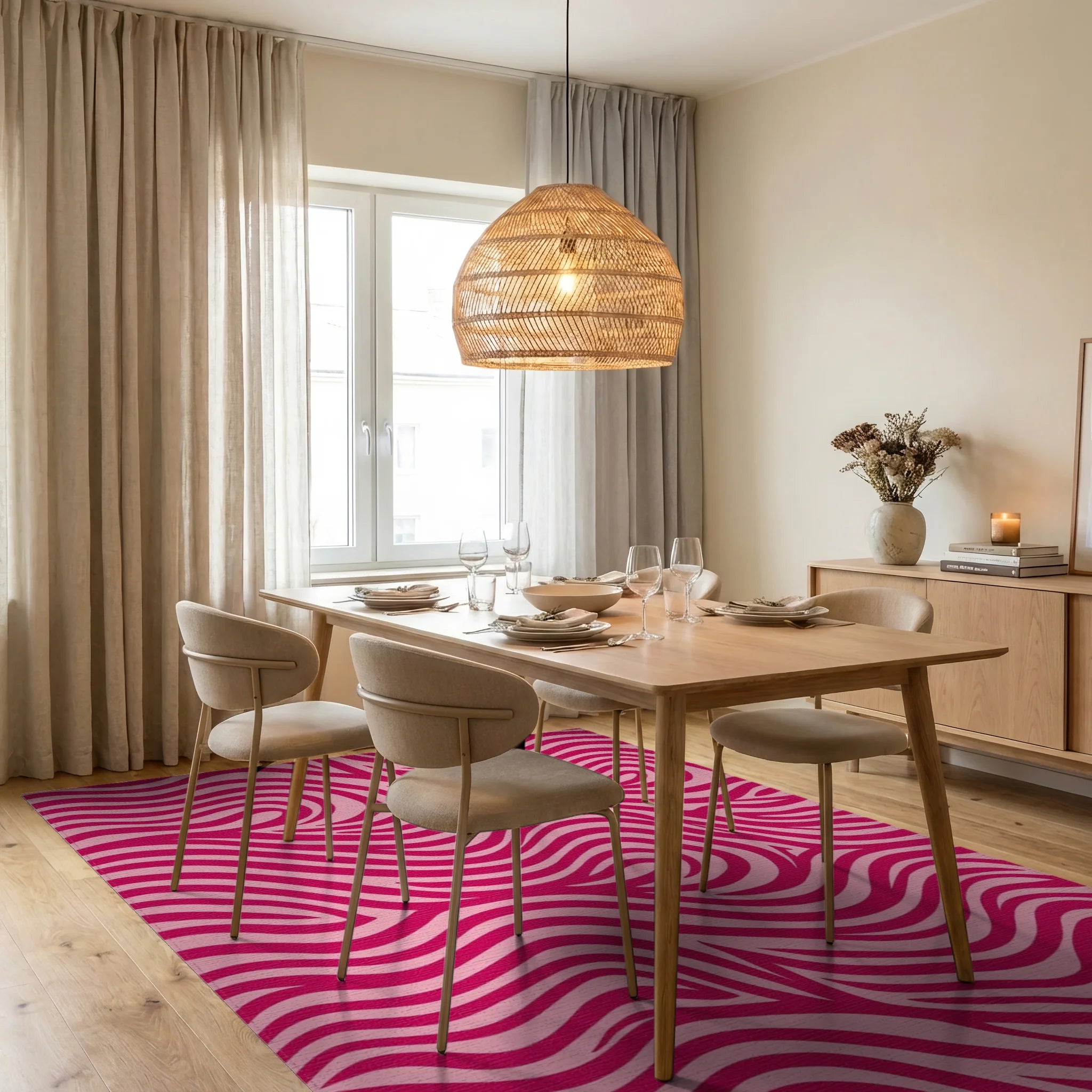 Vivid Pink Swirl Pattern Rug Dining Room View