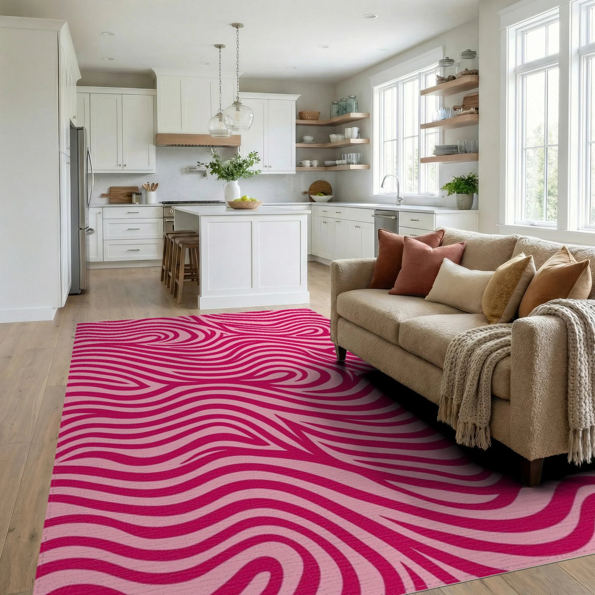 Vivid Pink Swirl Pattern Rug Living Room View