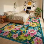 Vivid Pink Yellow Floral Teal Garden Rug - Bedroom View
