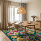 Vivid Pink Yellow Floral Teal Garden Rug - Dining Room View