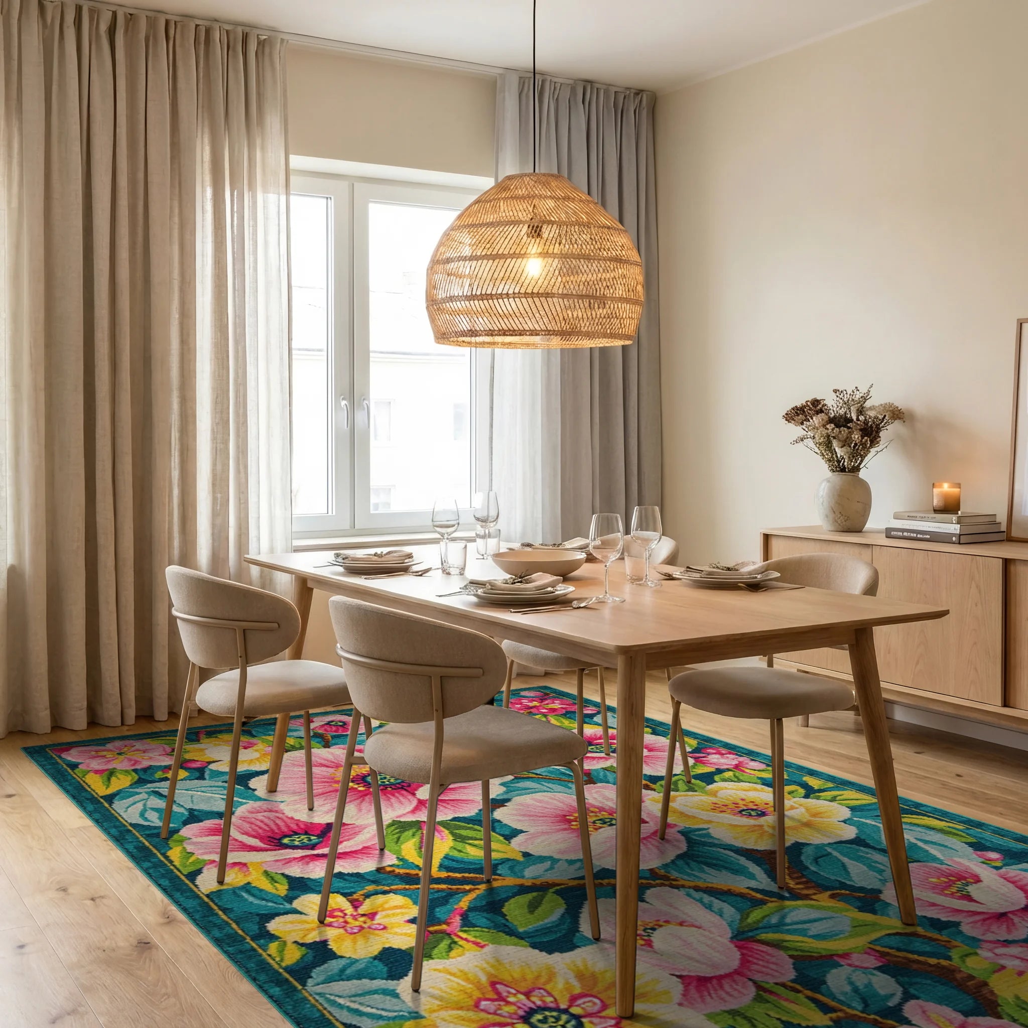 Vivid Pink Yellow Floral Teal Garden Rug - Dining Room View