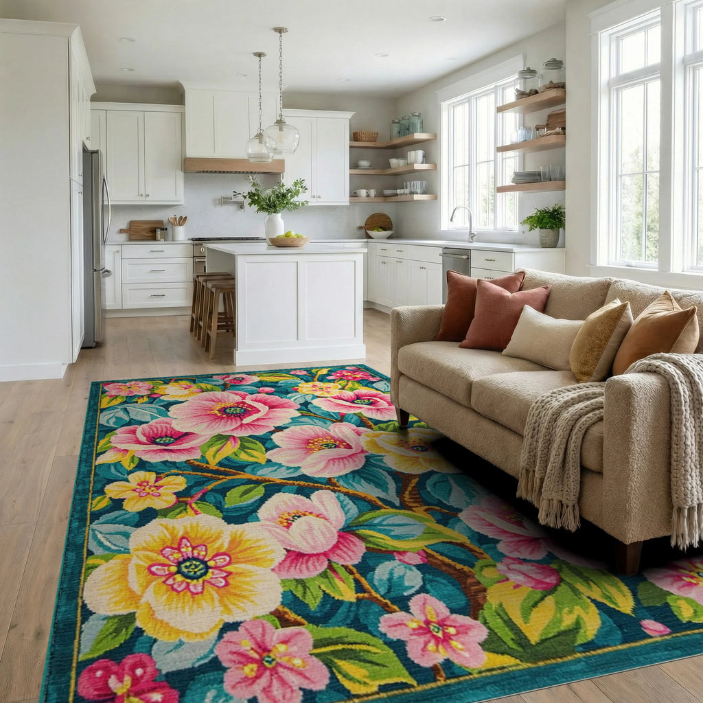 Vivid Pink Yellow Floral Teal Garden Rug - Living Room View