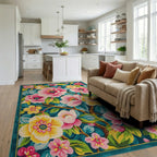 Vivid Pink Yellow Floral Teal Garden Rug - Living Room View