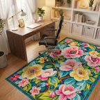 Vivid Pink Yellow Floral Teal Garden Rug - Office View