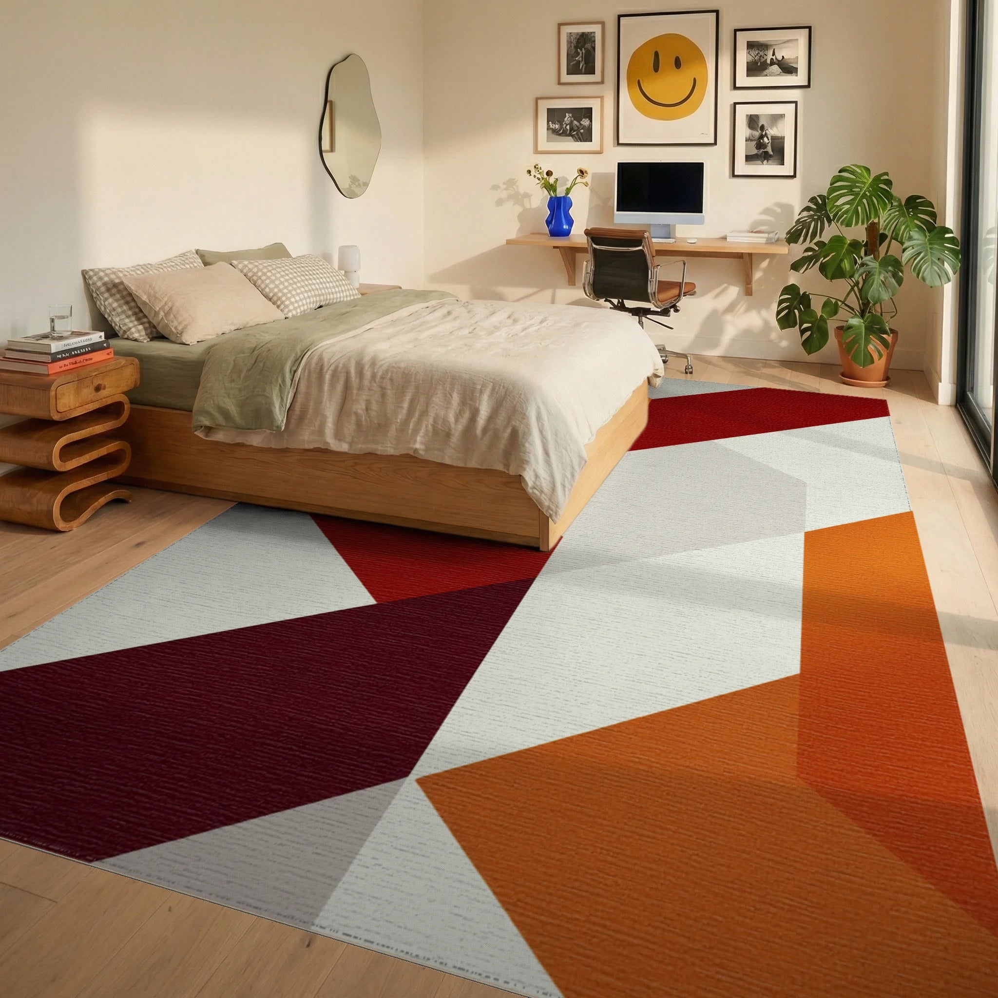Warm Amber Geometric Block Rug - Bedroom View