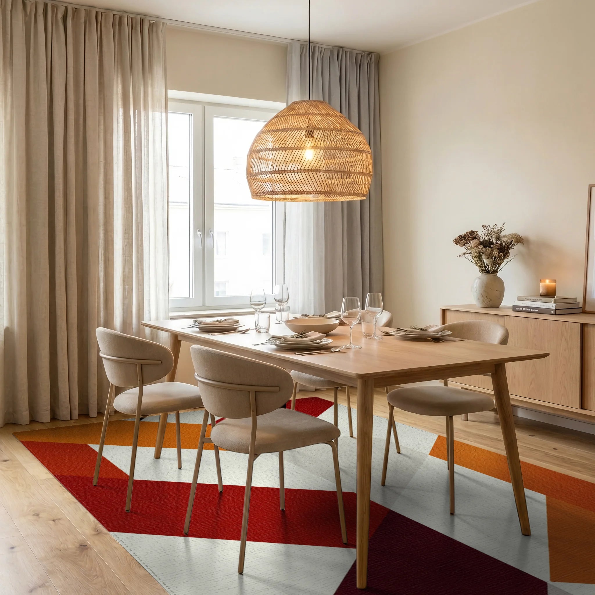 Warm Amber Geometric Block Rug - Dining Room View