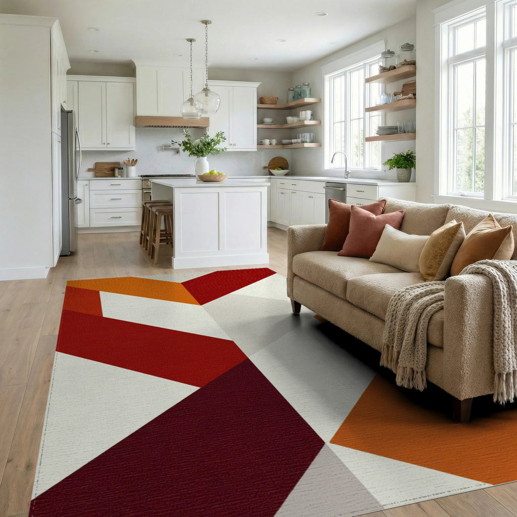 Warm Amber Geometric Block Rug - Living Room View