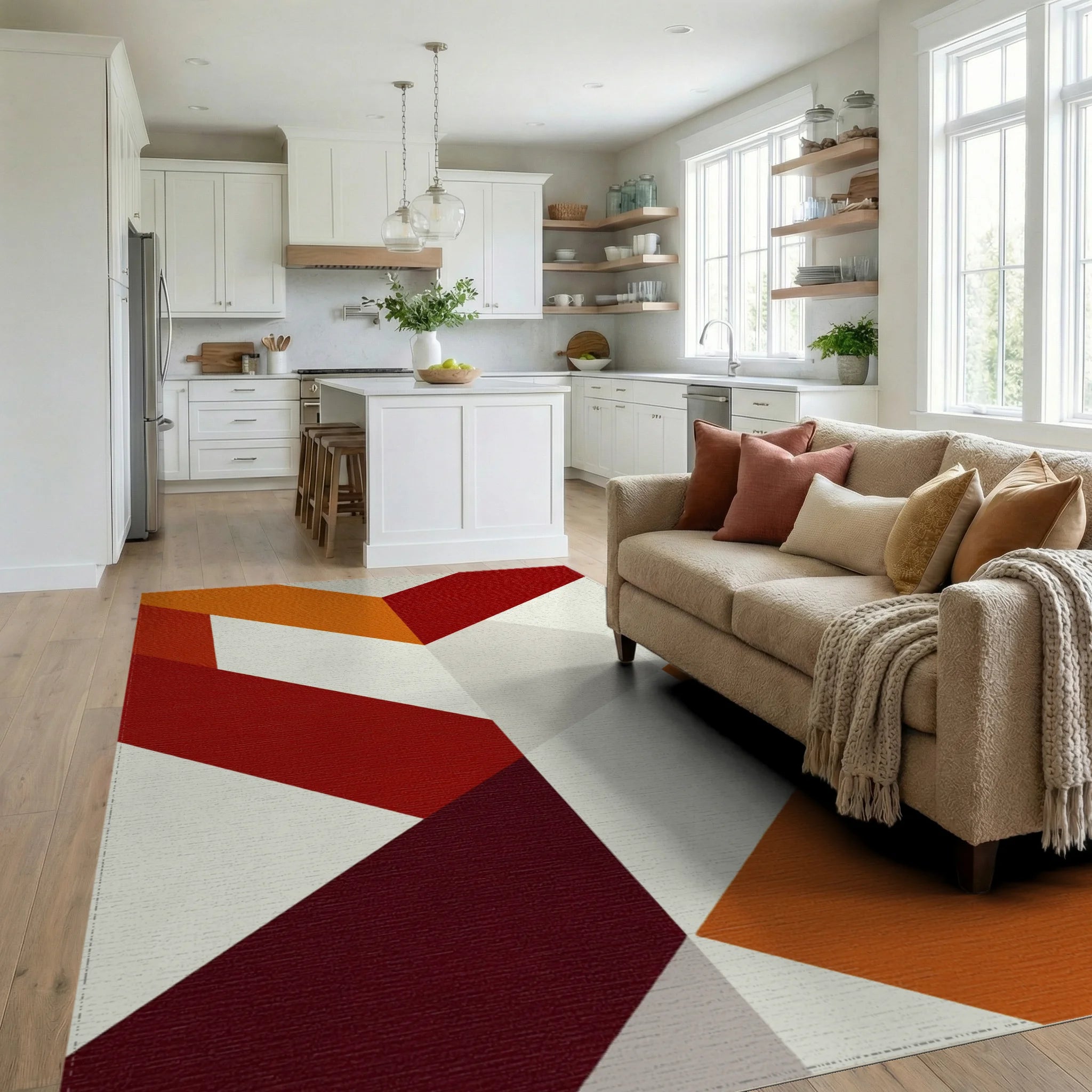 Warm Amber Geometric Block Rug - Living Room View