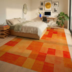 Warm Amber Geometric Checkered Tile Rug - Bedroom View