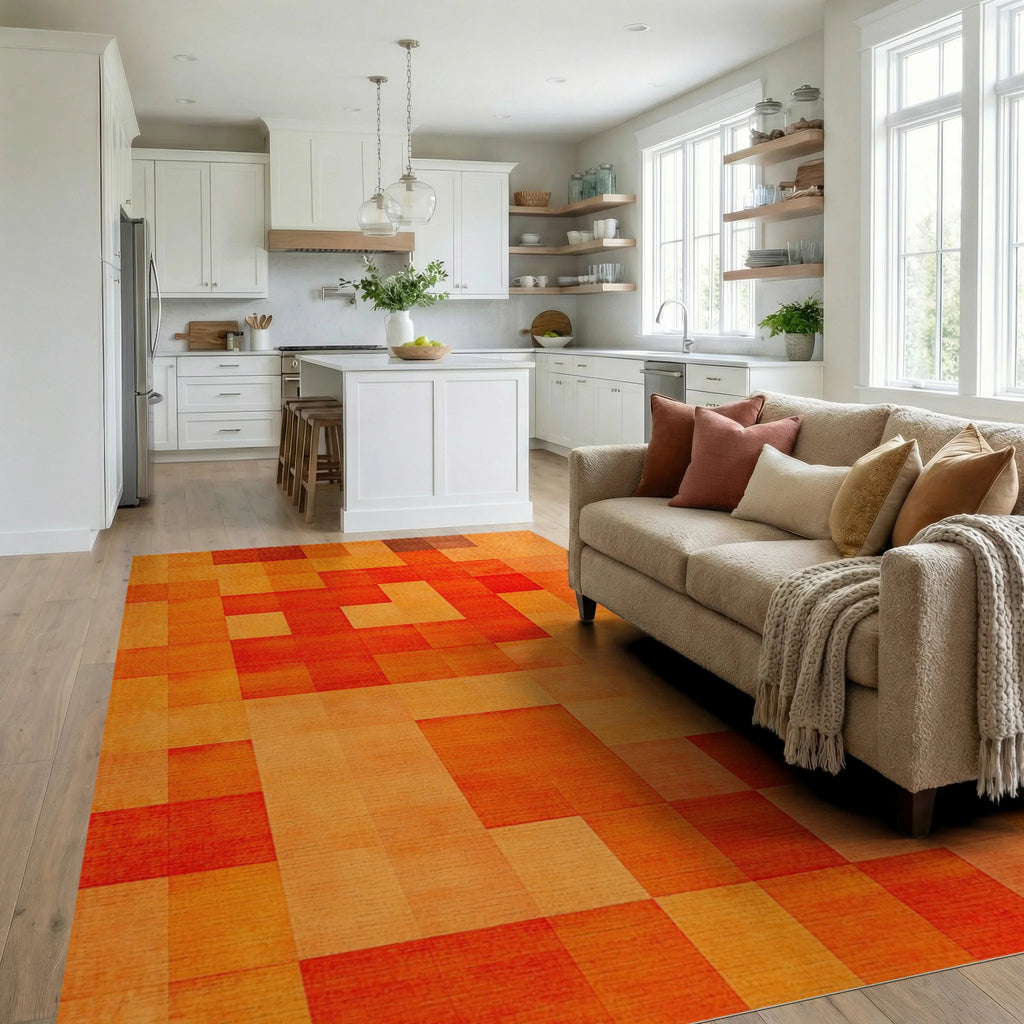 Warm Amber Geometric Checkered Tile Rug - Living Room View