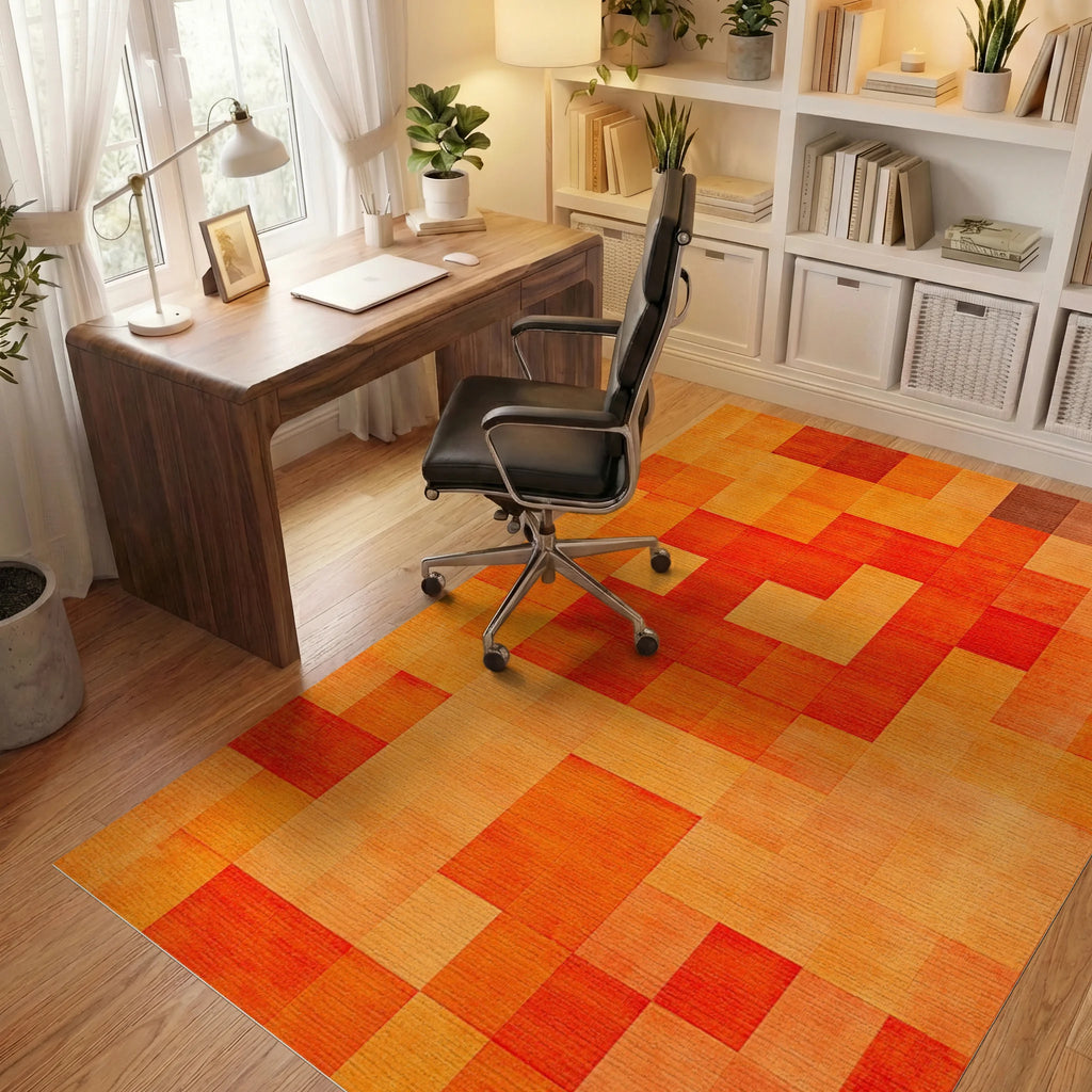 Warm Amber Geometric Checkered Tile Rug - Office View