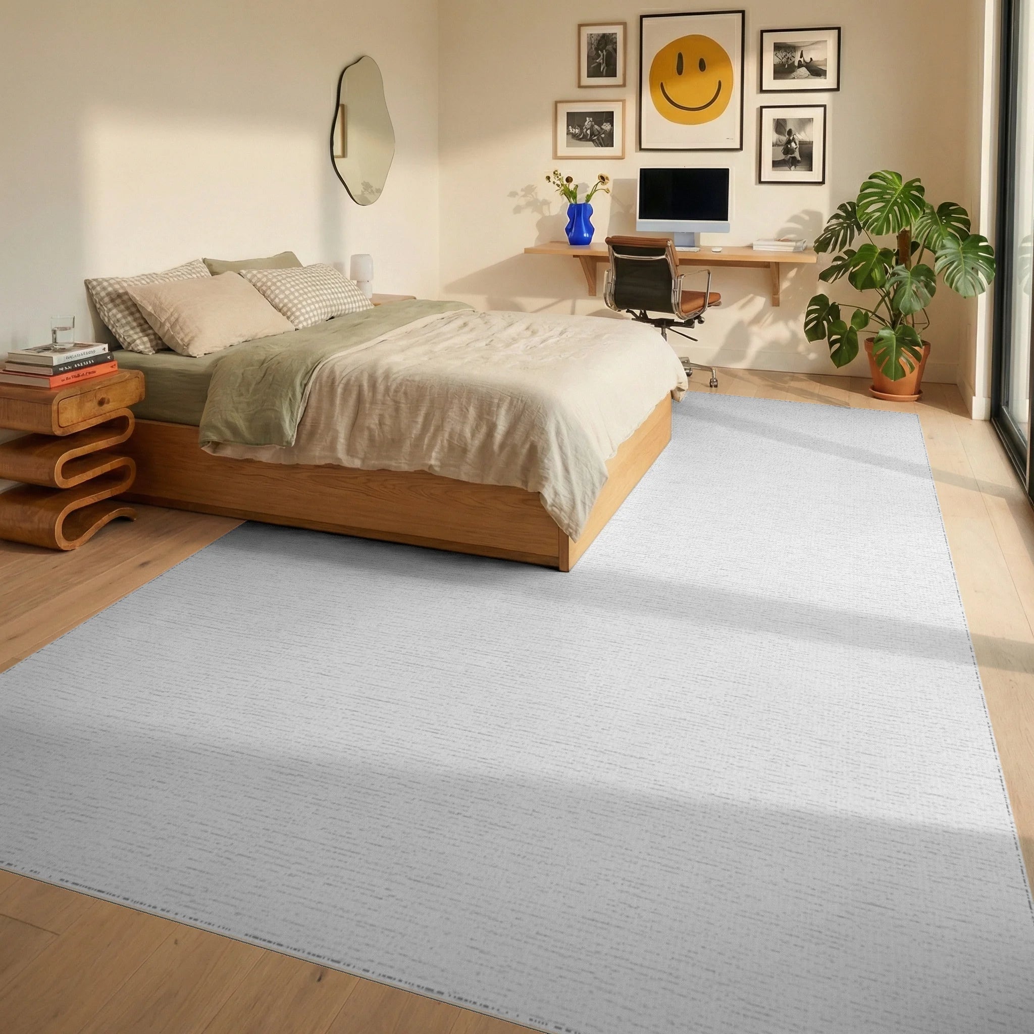 Warm Beige Sunburst Starburst Rug - Bedroom View