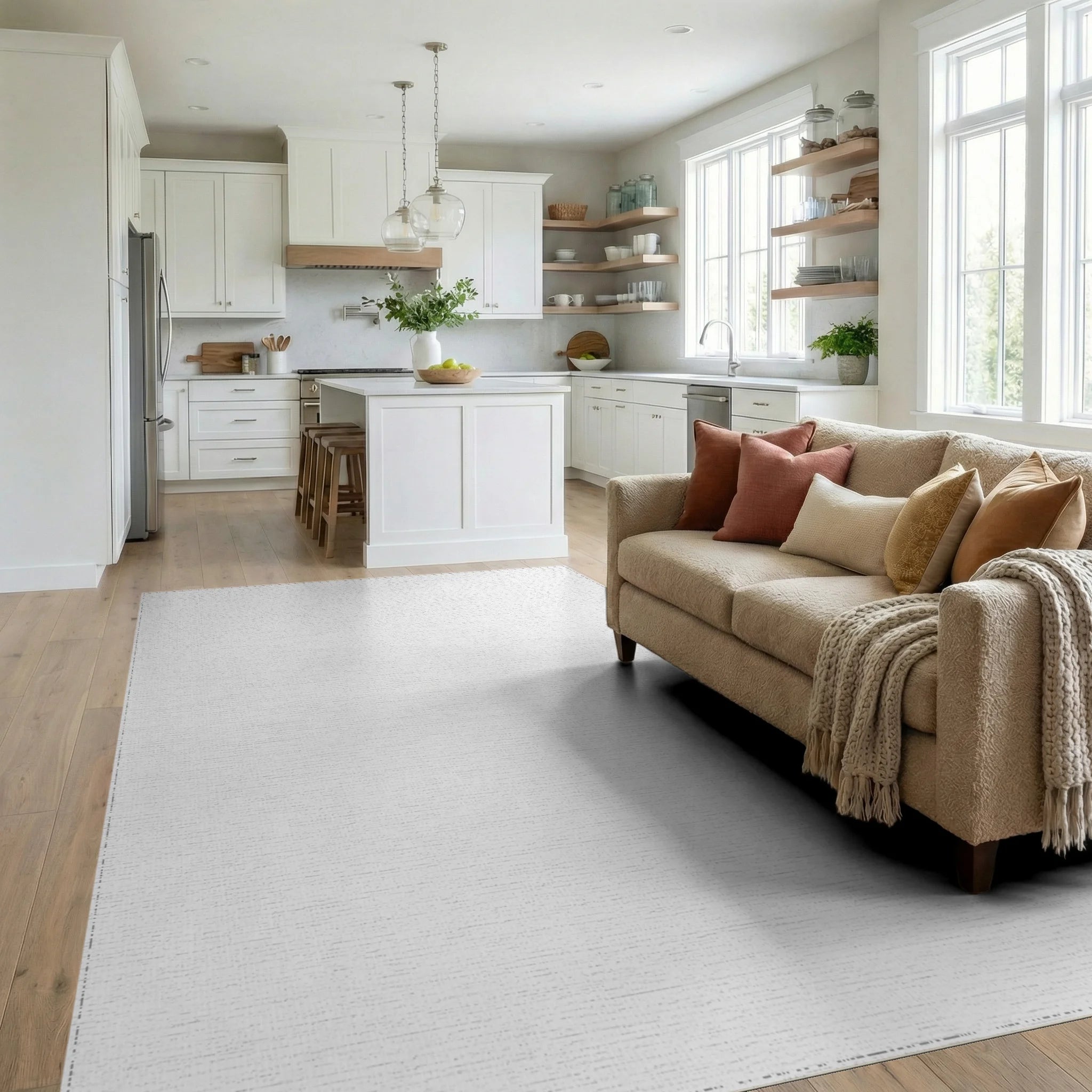 Warm Beige Sunburst Starburst Rug - Living Room View