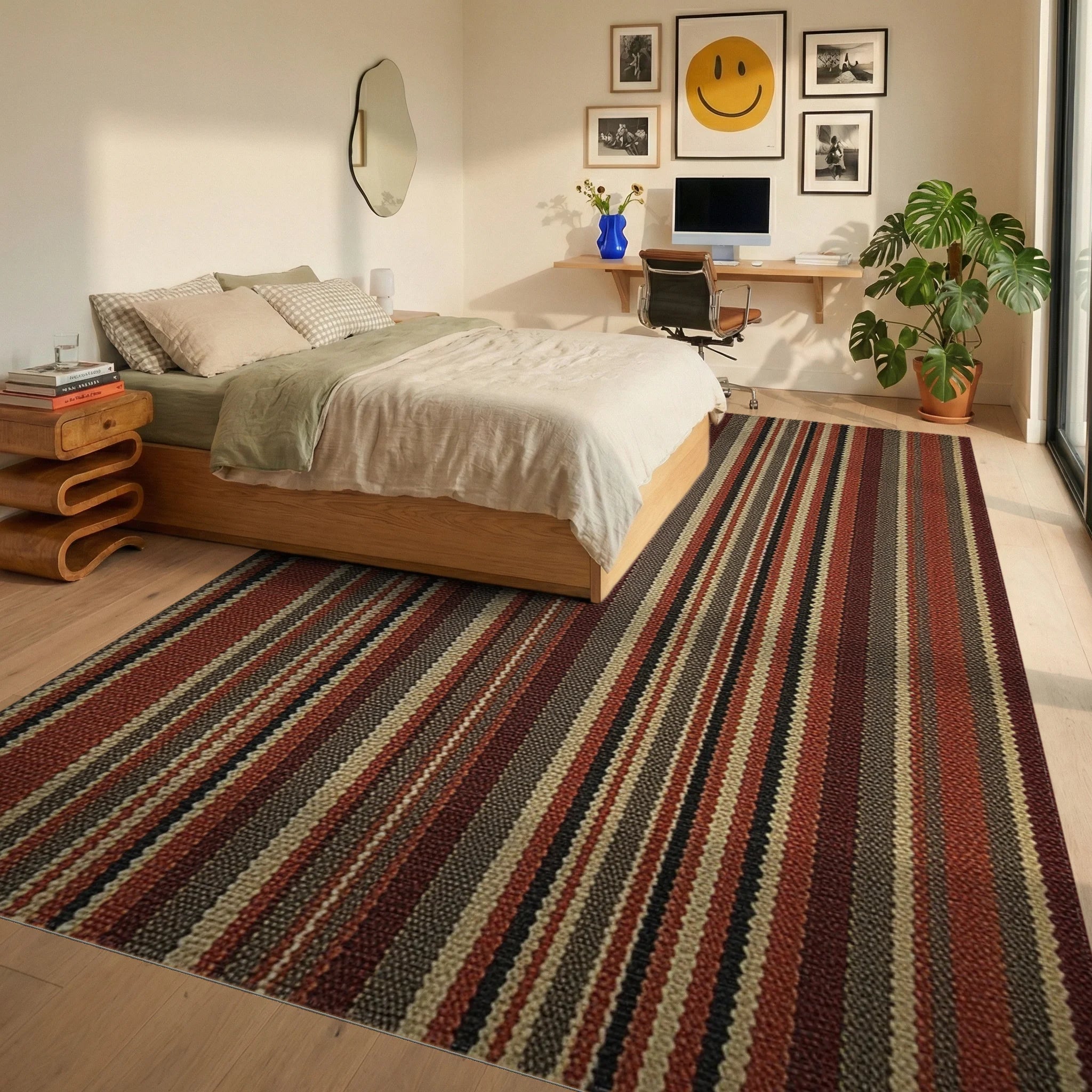 Warm Earth Toned Vertical Stripe Rug - Bedroom View
