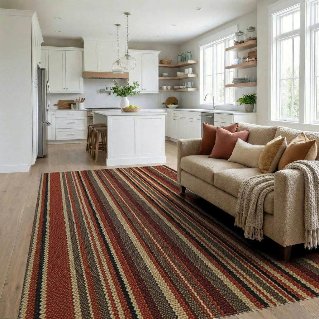 Warm Earth Toned Vertical Stripe Rug - Living Room View