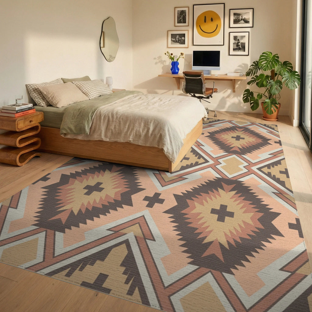 Warm Earthy Diamond Cross Geometric Rug Bedroom View