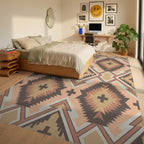 Warm Earthy Diamond Cross Geometric Rug Bedroom View