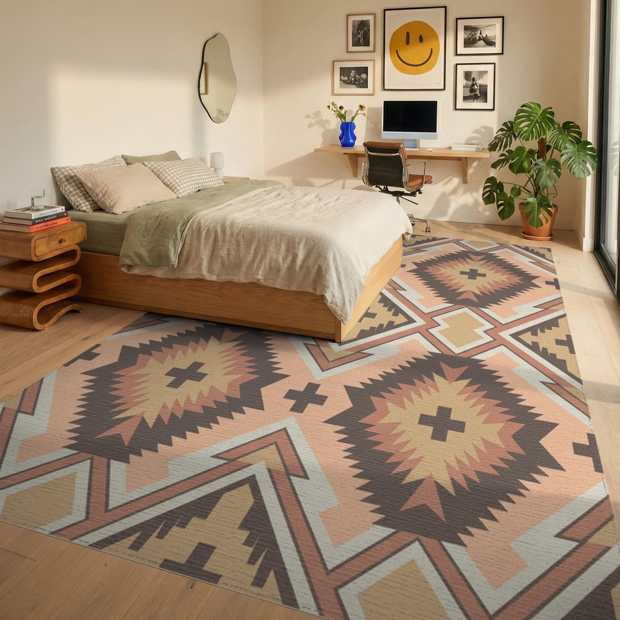 Warm Earthy Diamond Cross Geometric Rug Bedroom View