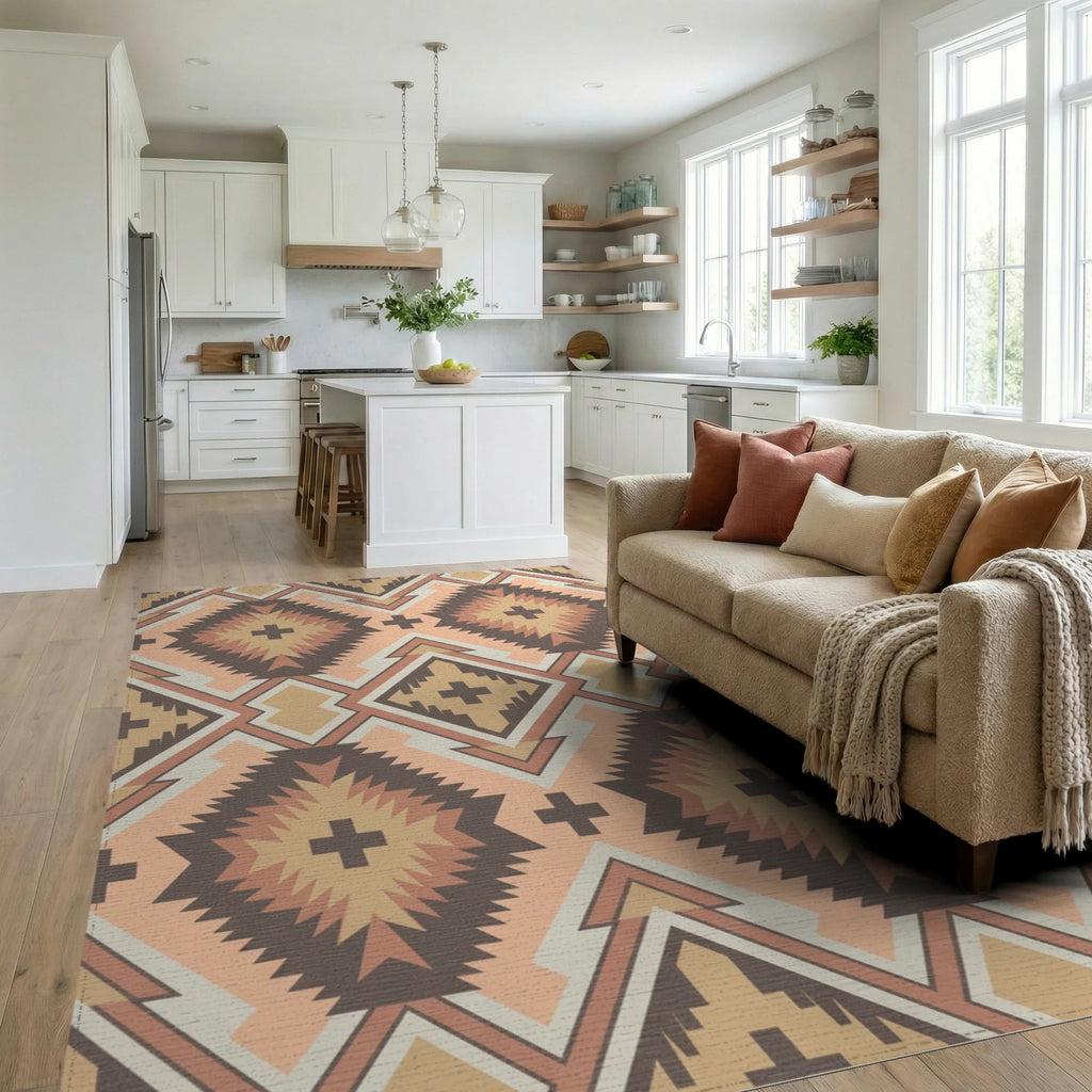 Warm Earthy Diamond Cross Geometric Rug Living Room View