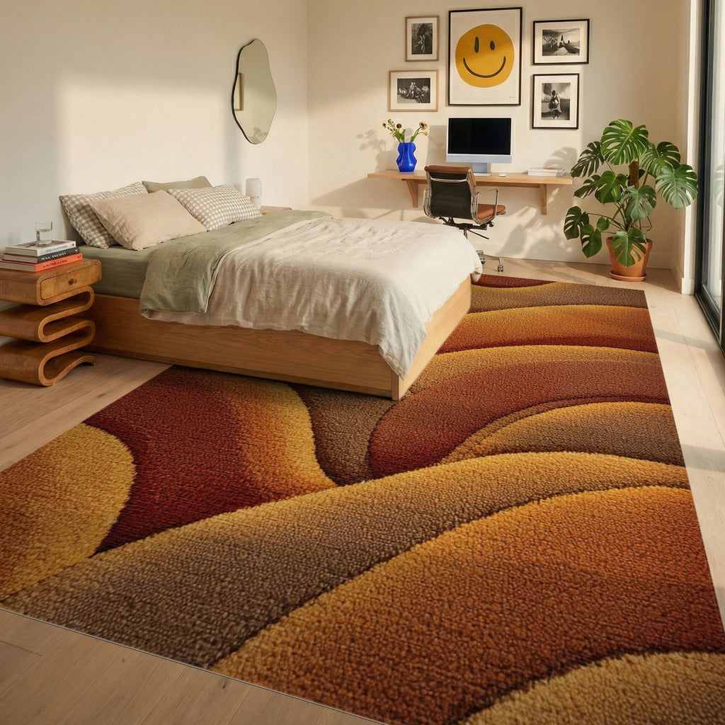 Warm Earthy Tone Wavy Layers Rug - Bedroom View