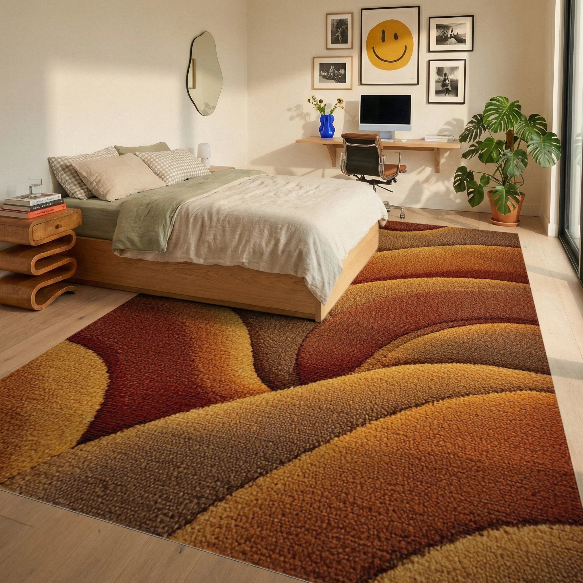 Warm Earthy Tone Wavy Layers Rug - Bedroom View