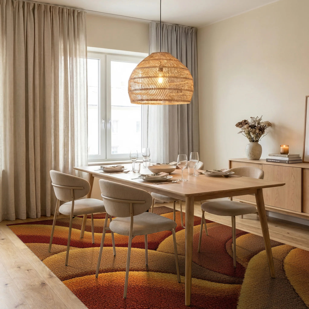 Warm Earthy Tone Wavy Layers Rug - Dining Room View