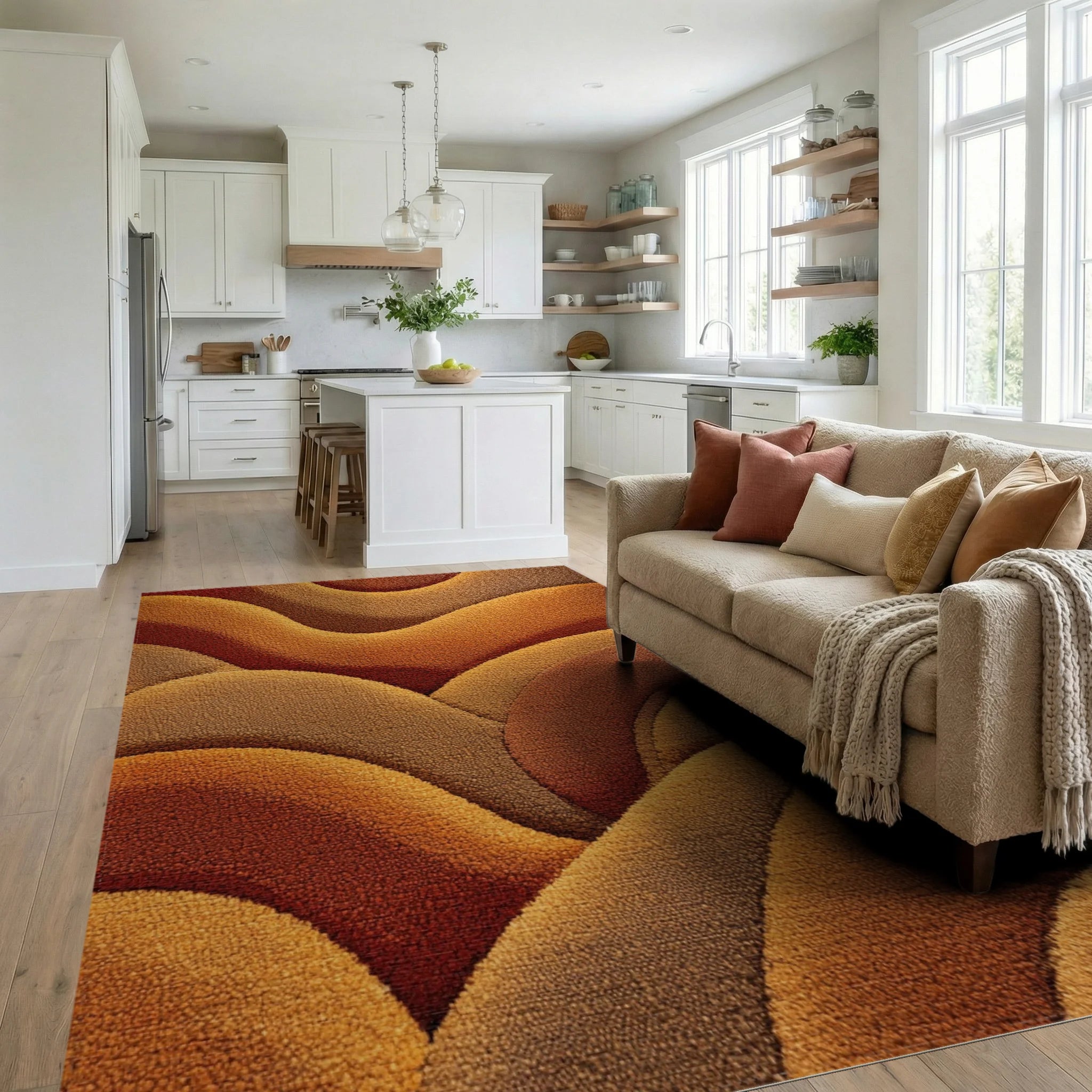 Warm Earthy Tone Wavy Layers Rug - Living Room View