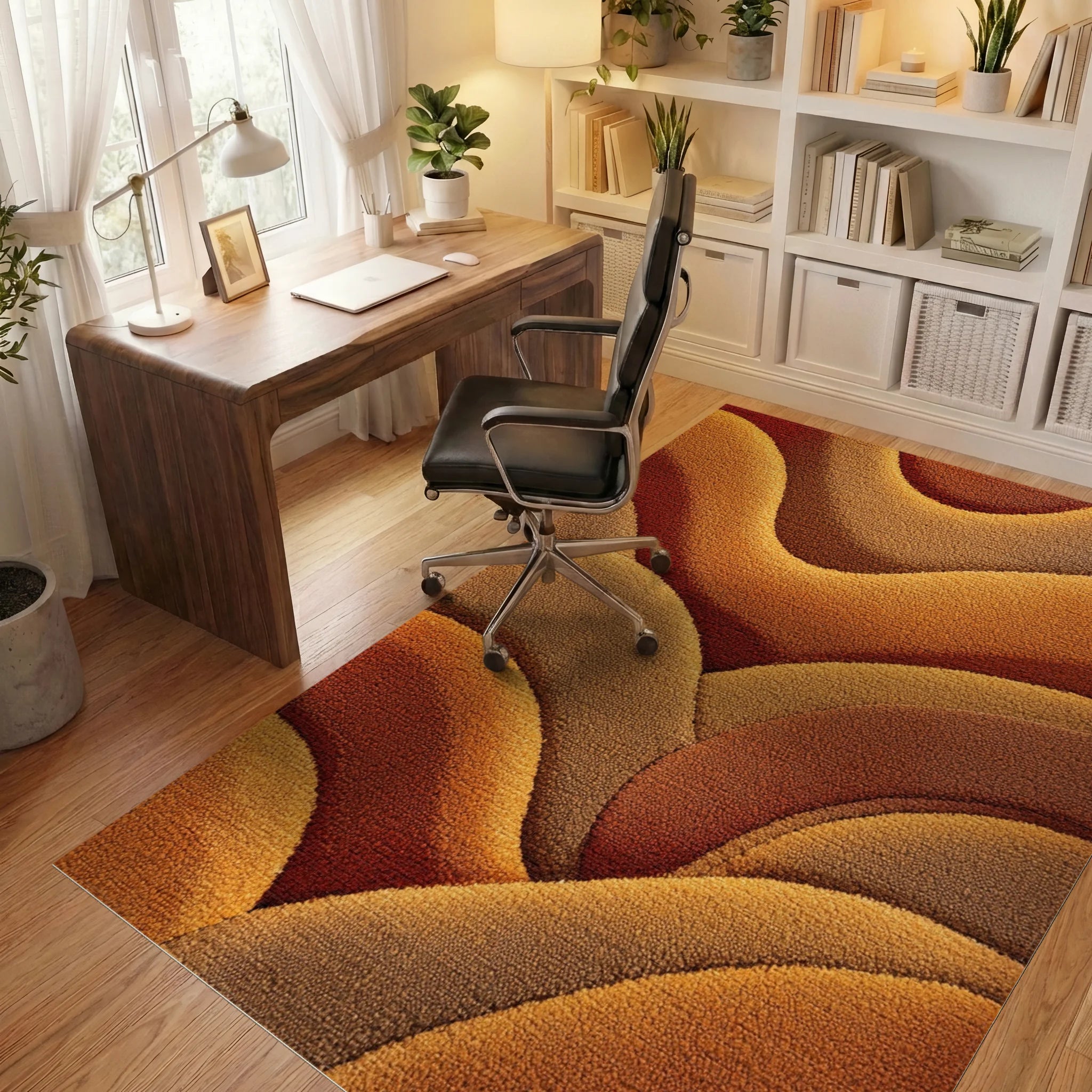 Warm Earthy Tone Wavy Layers Rug - Office View