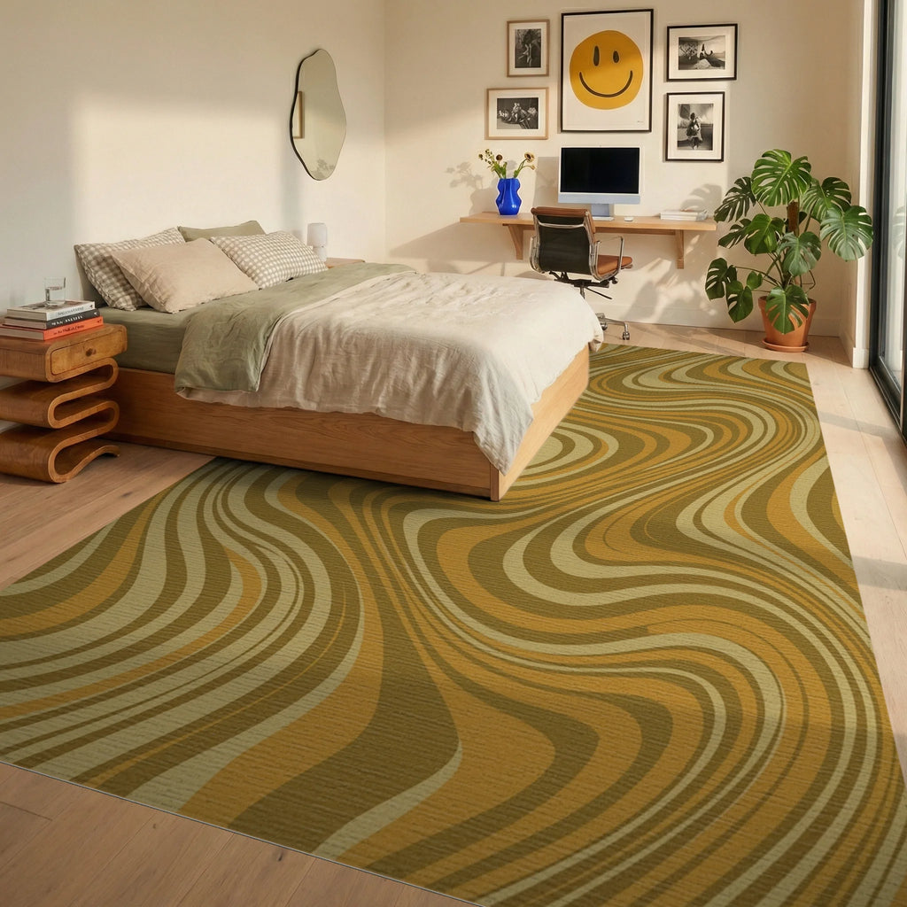 Warm Earthy Wavy Swirl Rug Bedroom View