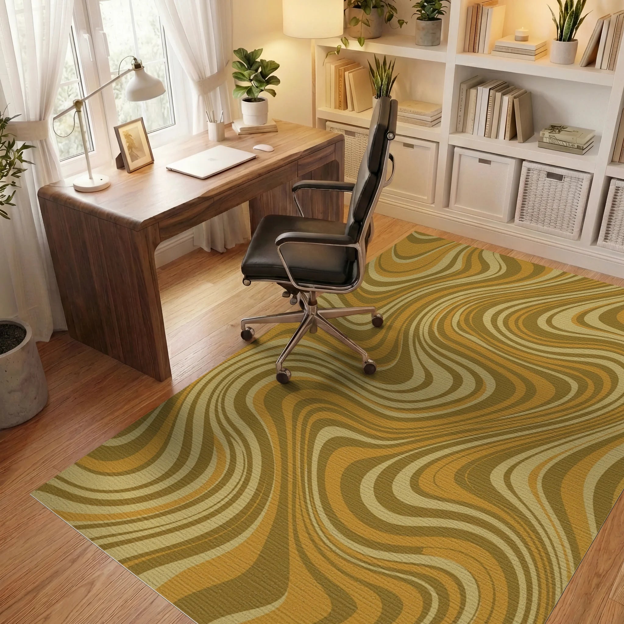 Warm Earthy Wavy Swirl Rug Office View