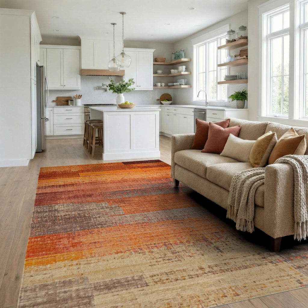 Warm Hues Textured Horizontal Bands Rug - Living Room View