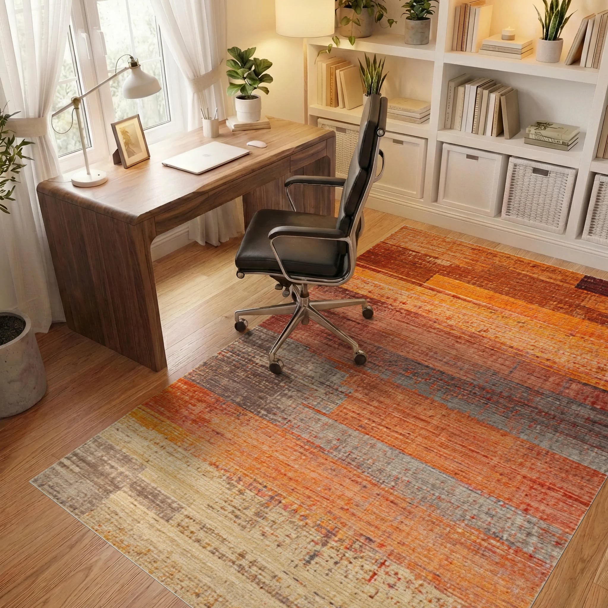 Warm Hues Textured Horizontal Bands Rug - Office View