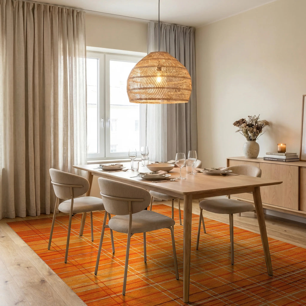Warm Orange Textured Grid Rug - Dining Room View