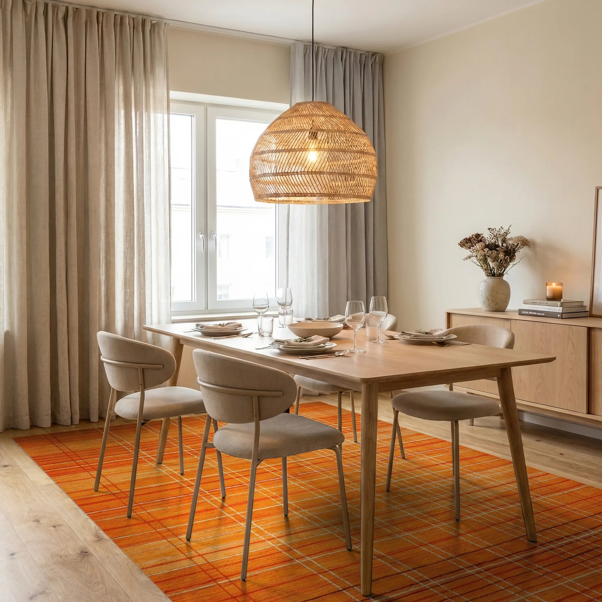 Warm Orange Textured Grid Rug - Dining Room View