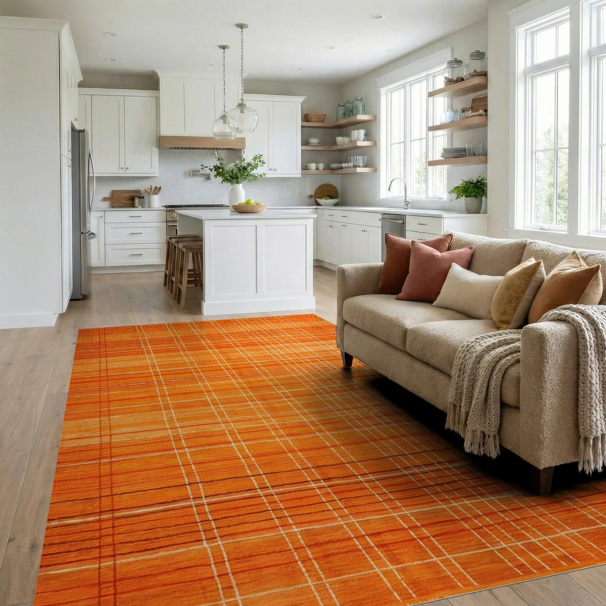 Warm Orange Textured Grid Rug - Living Room View