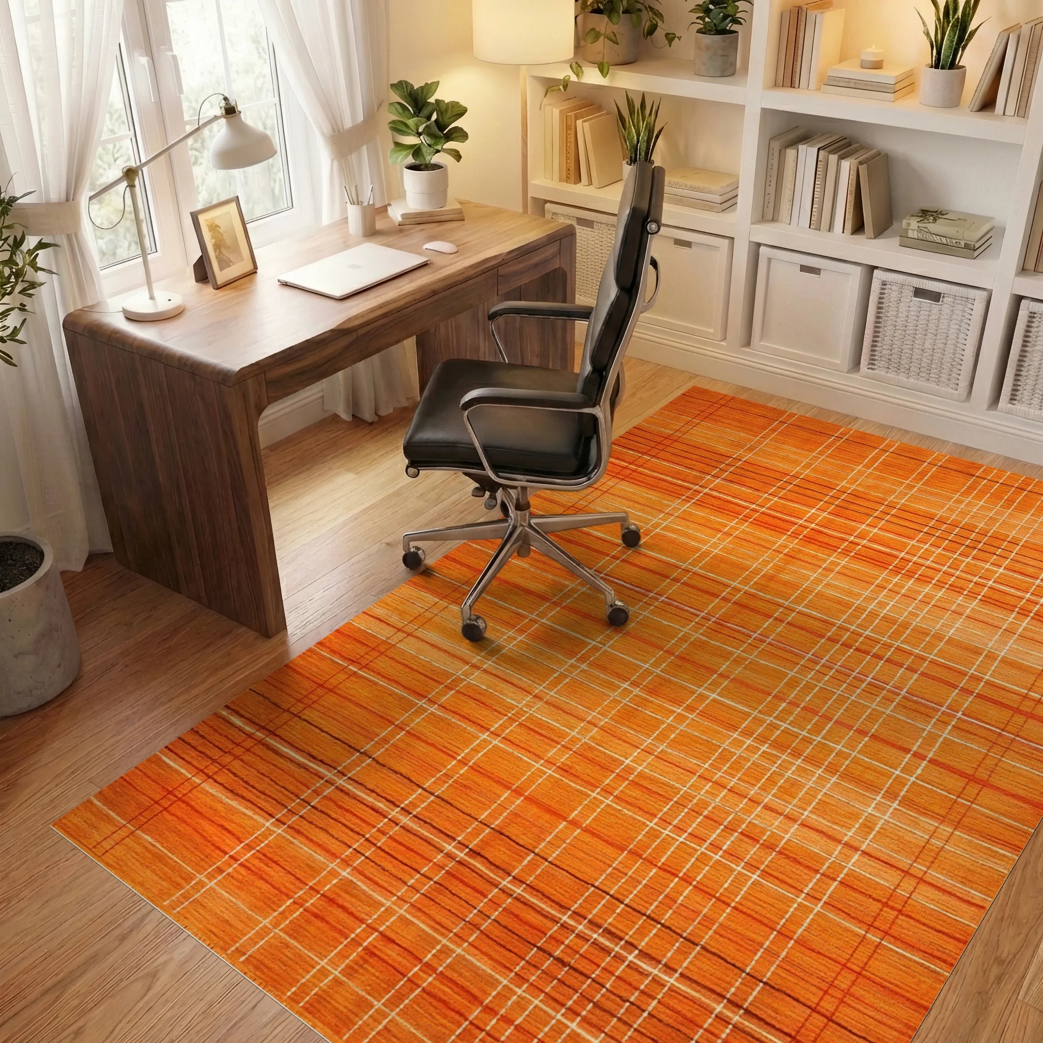 Warm Orange Textured Grid Rug - Office View