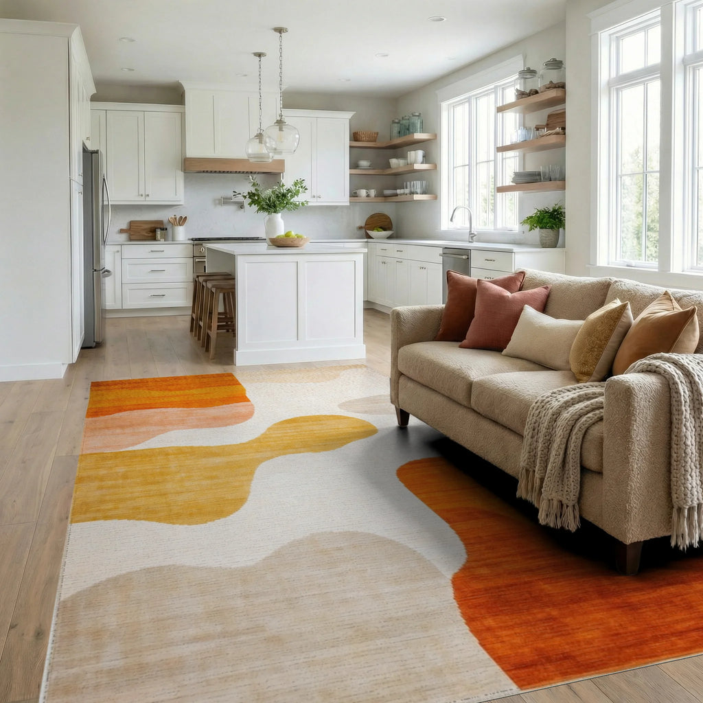 Warm Organic Wavy Color Block Rug - Living Room View