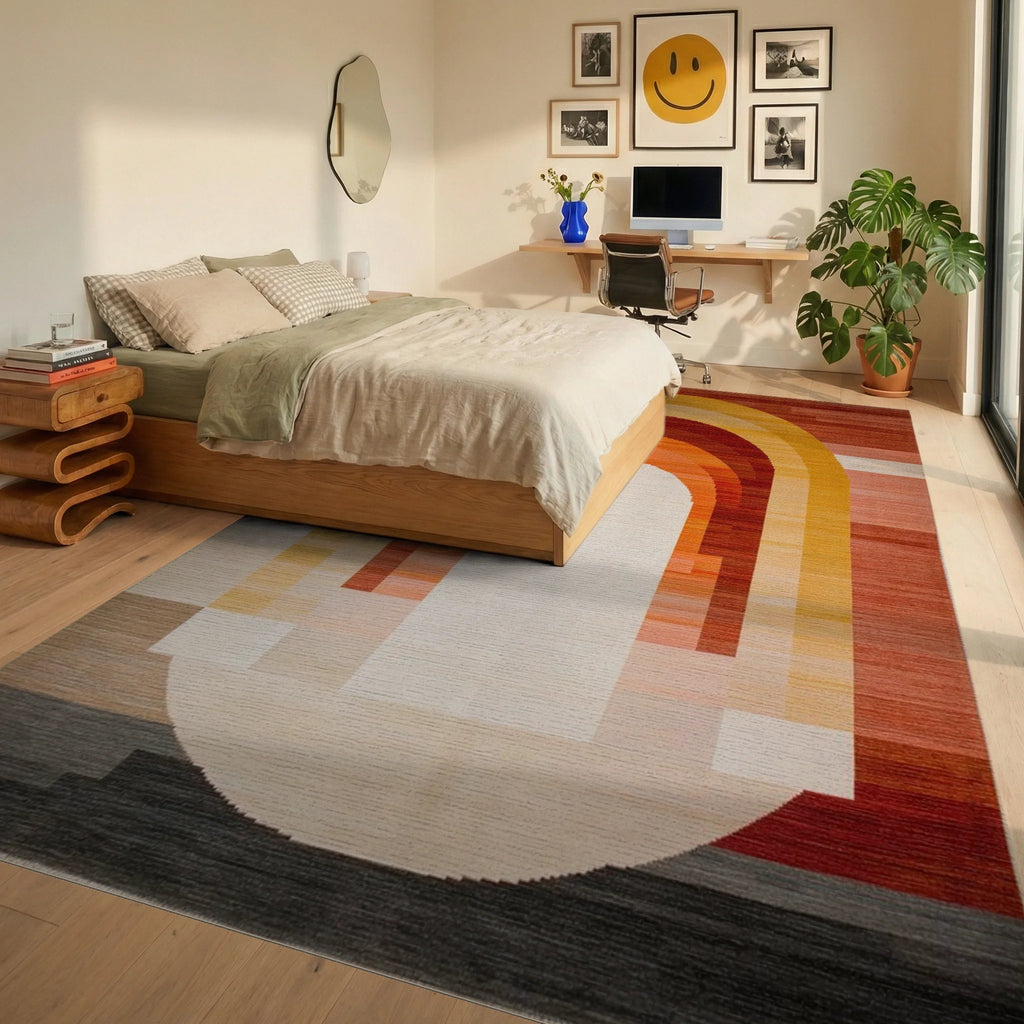 Warm Spectrum Arch Abstract Rug - Bedroom View