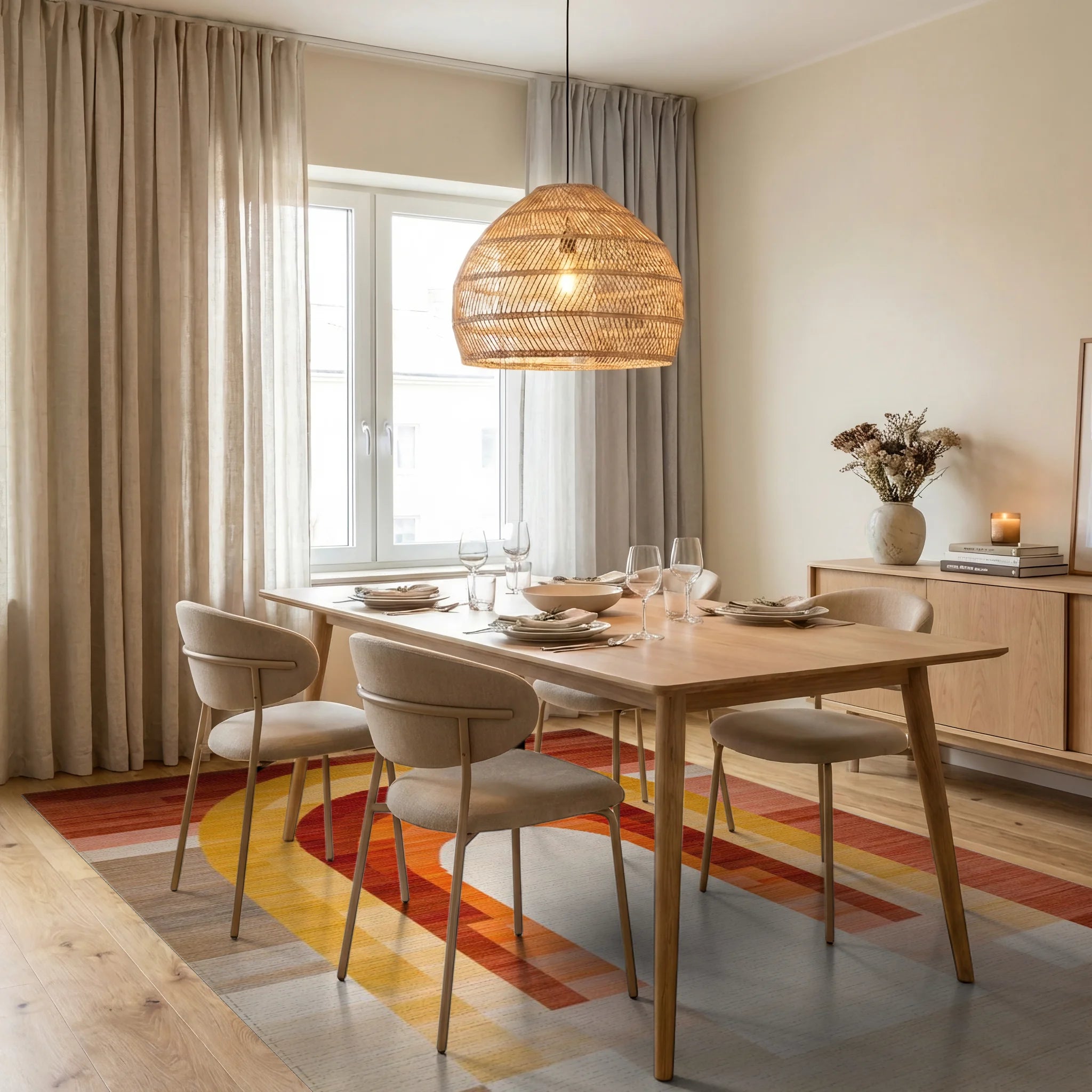 Warm Spectrum Arch Abstract Rug - Dining Room View